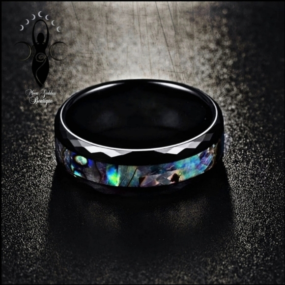 Unisex Ring ✦ Stainless Steel Abalone Shell Channel ✦ Black Rhodium 8mm NWT - Picture 2 of 9